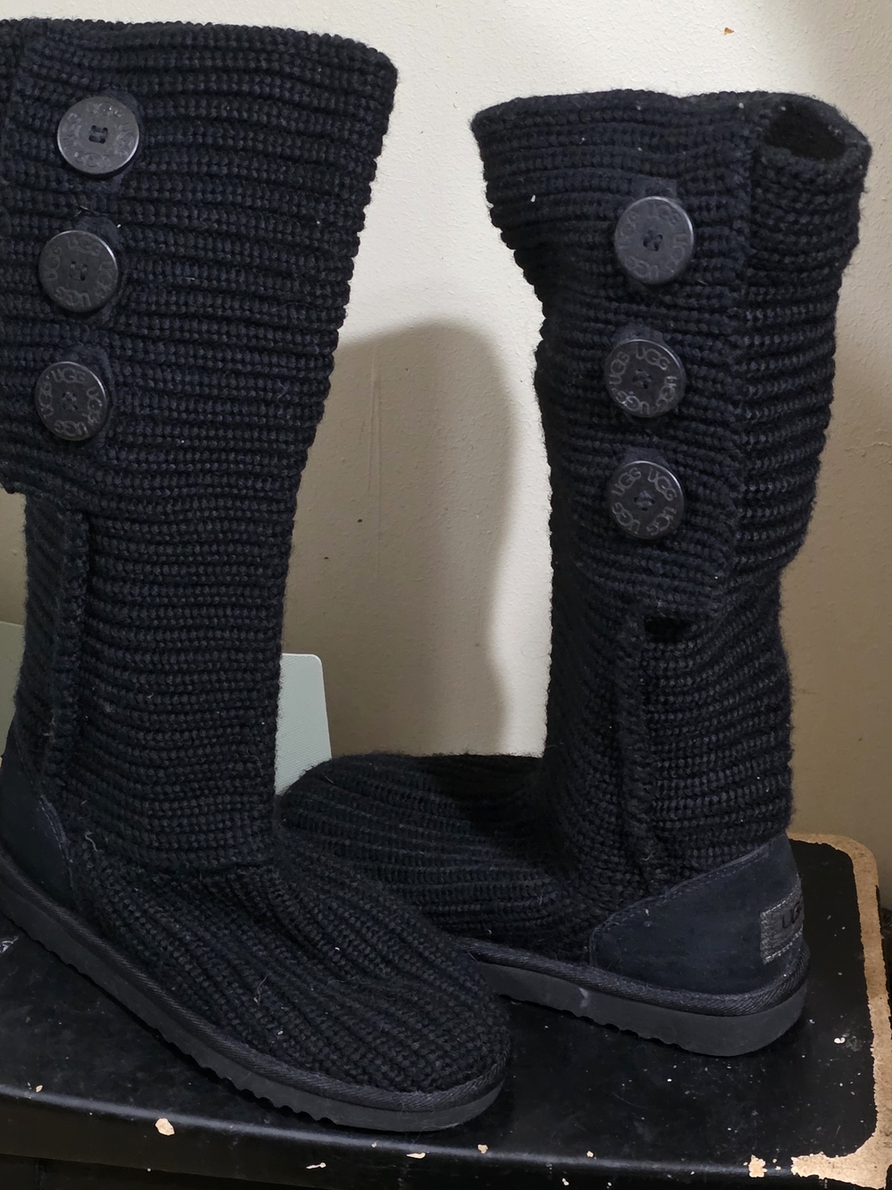 UGG Black Knit Button Mid-Calf Boots Used Size 7 (Womens)